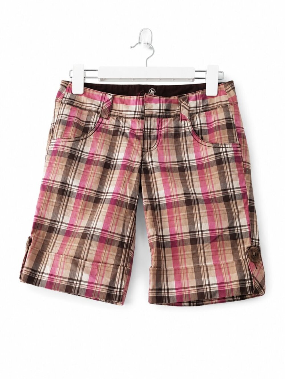 Guess Pink Brown Plaid Low Rise Stretch Bermuda Cargo Button Tab Shorts Y2K 24 - Picture 1 of 4